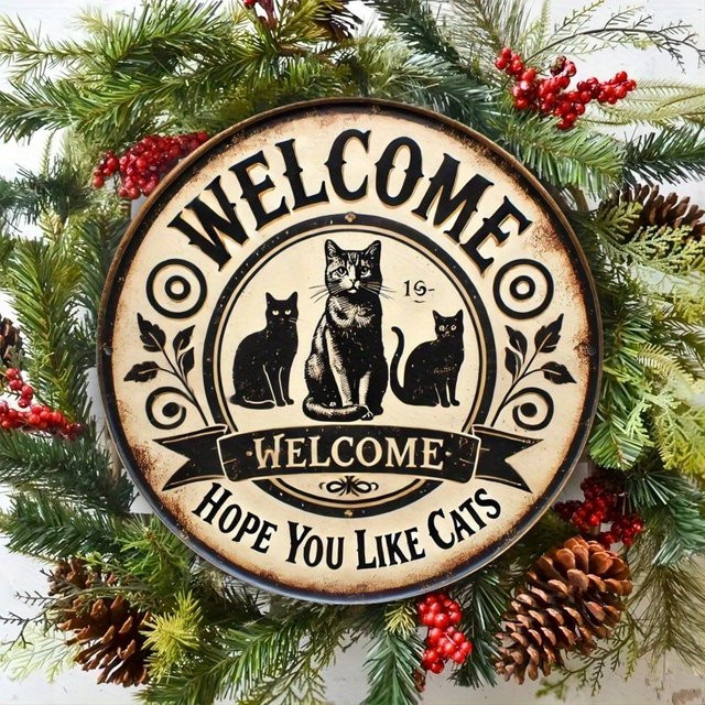 Potdemiel Metallwandschild Welcome Hope You Like Cats Rund, Vintage Schwarz, Durchmesser: 19,81 cm - Bild 1