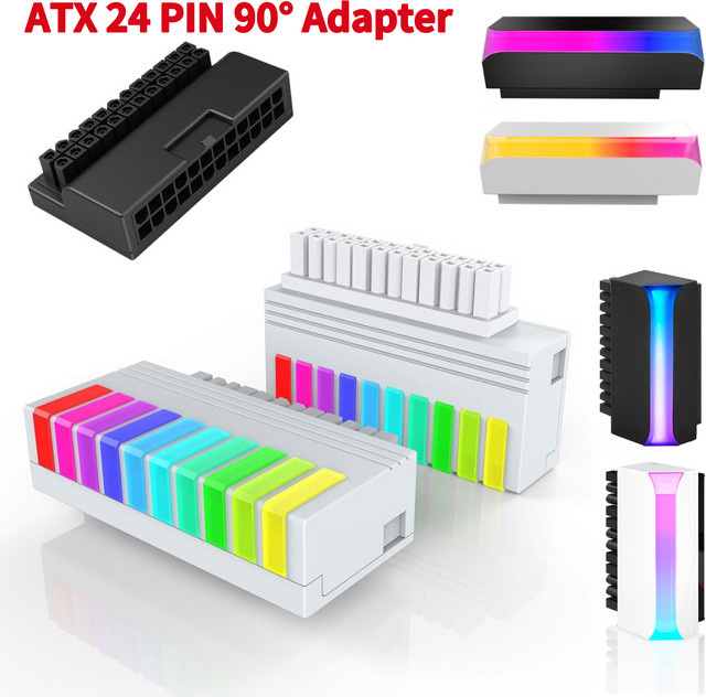 ATX 24-poliger 90-Grad-Stromanschluss Adapter mit 5V 3-poligem ARGB Anschluss in Schwarz für Desktop-PC Motherboards - Bild 1