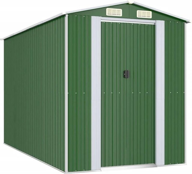 vidaXL Geräteschuppen aus verzinktem Stahl in Grün mit doppelten Schiebetüren, B: 357 cm, T: 192 cm, H: 223 cm - Bild 1