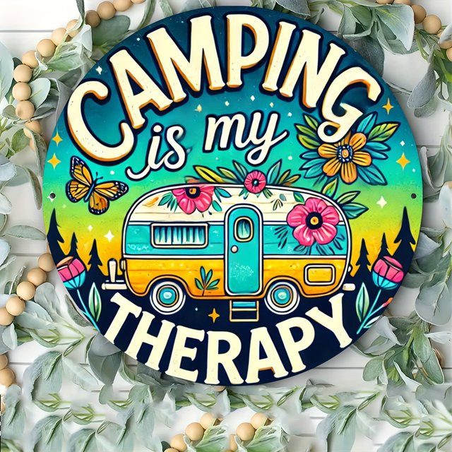 Potdemiel Aluminium-Wandkunst Camping is My Relax im Vintage-Stil, runde Metall-Dekoration mit Naturdesign, Durchmesser: 19,81 cm, Mehrfarbig - Bild 1