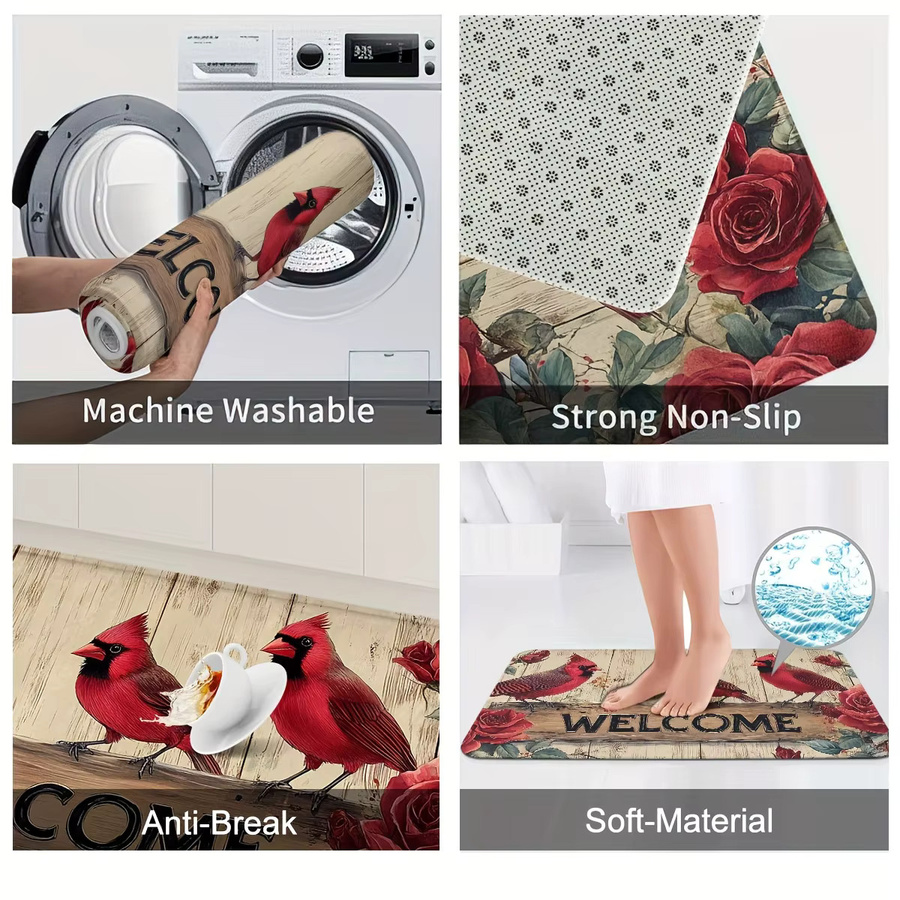 VIKAMA Rutschfeste Fußmatten mit Weihnachtsmotiv Kardinalen und Rosen in Multicolour für Küche und Badezimmer - Bild 5