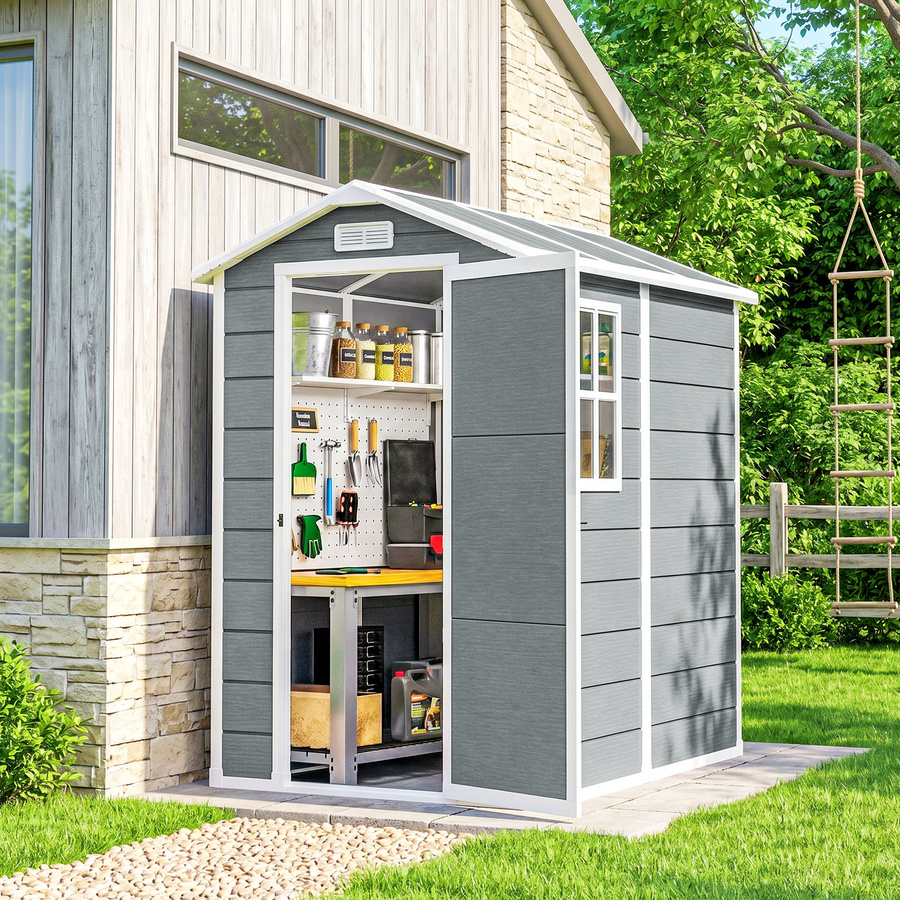 Outsunny Gartenhaus Grau mit Pultdach und Fenster als Geräteschuppen und Fahrradgarage aus Aluminium, B/T/H: 131 x 186 x 198 cm - Bild 2
