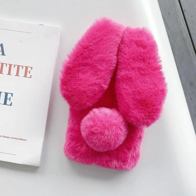 Flauschige Plüschhülle mit Kaninchenmotiv für Xiaomi und Samsung Smartphones in Rose Rot - Bild 1