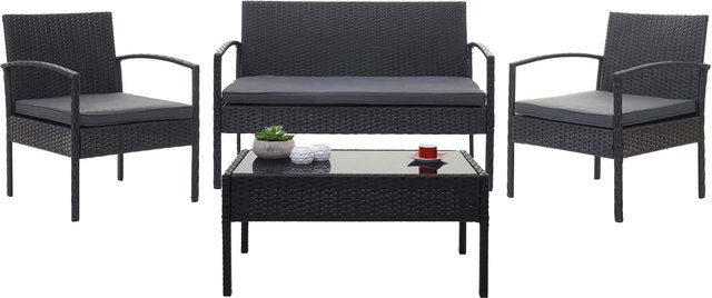 MCW Poly-Rattan Lounge-Set MCW-F56 in Schwarz mit dunkelgrauen Kissen bestehend aus 1 Bank, 2 Sesseln und 1 Tisch - Bild 1