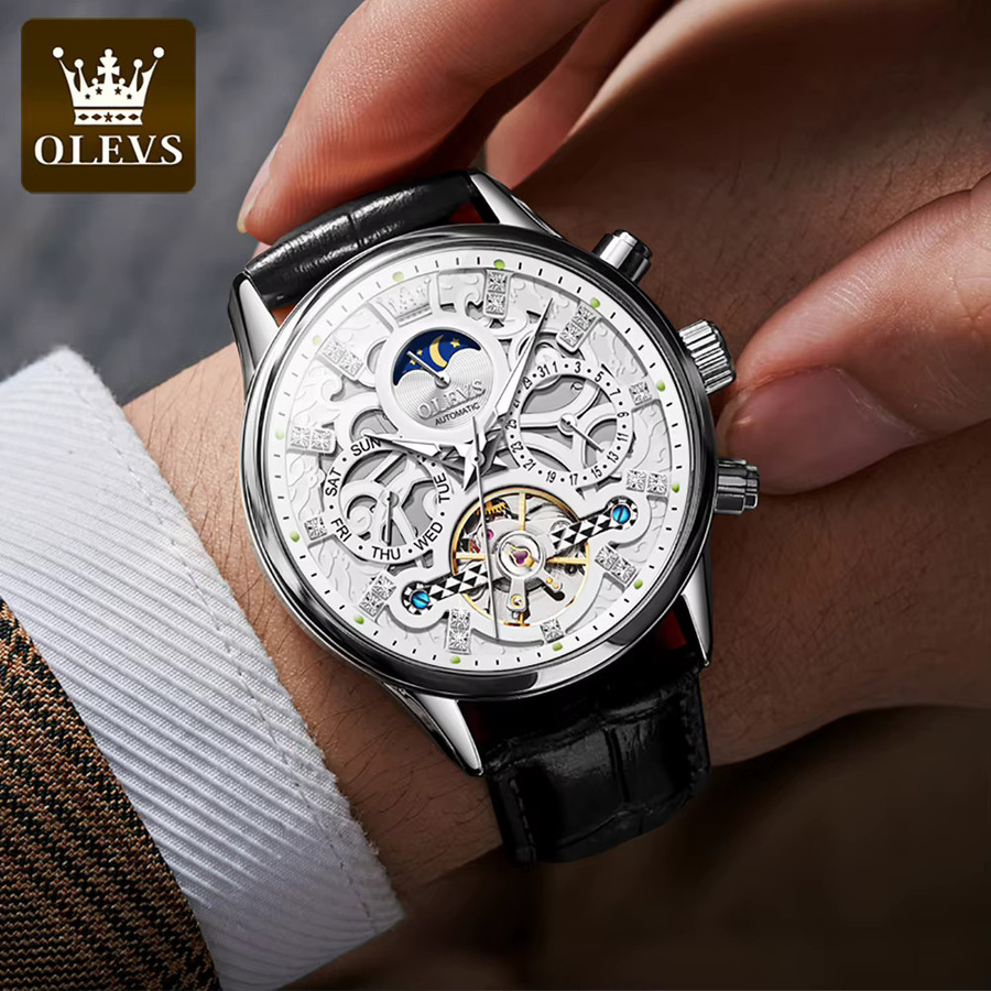 OLEVS Armbanduhr Automatik, Leder, Blau, Mondphase, Herren - Bild 3