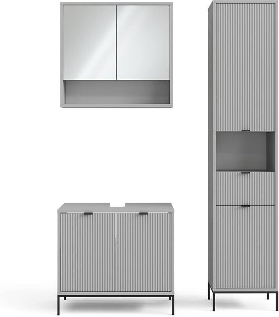 Vicco Badmöbel-Set Eliza in Grau, modernes 3-teiliges Badezimmer-Set bestehend aus Waschtischunterschrank, Spiegelschrank und Hochschrank - Bild 1