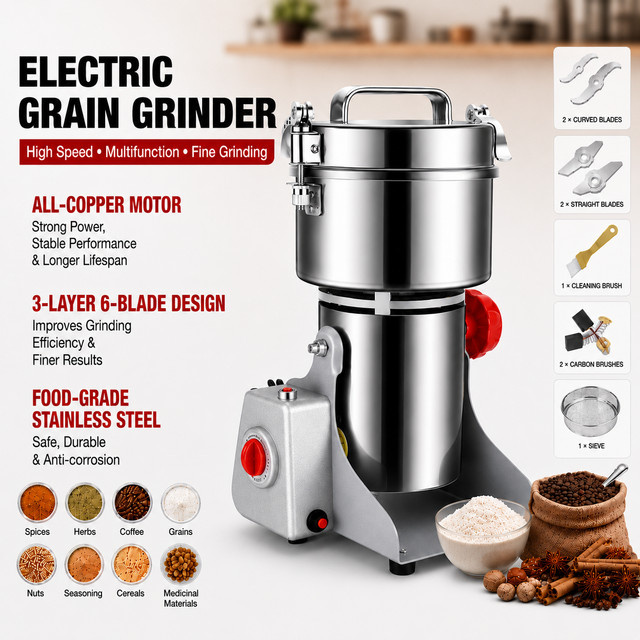 Elektrische Getreidemühle von jianyana aus Edelstahl in Silber, Pulverisierer für Gewürze, Kräuter, Getreide und Kaffee, 800 g - Bild 1