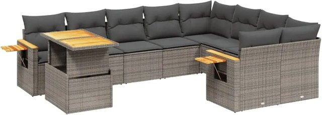 vidaXL 10-tlg. Garten-Sofagarnitur in U-Form aus Polyrattan und Akazienholz mit Kissen, Grau - Bild 1