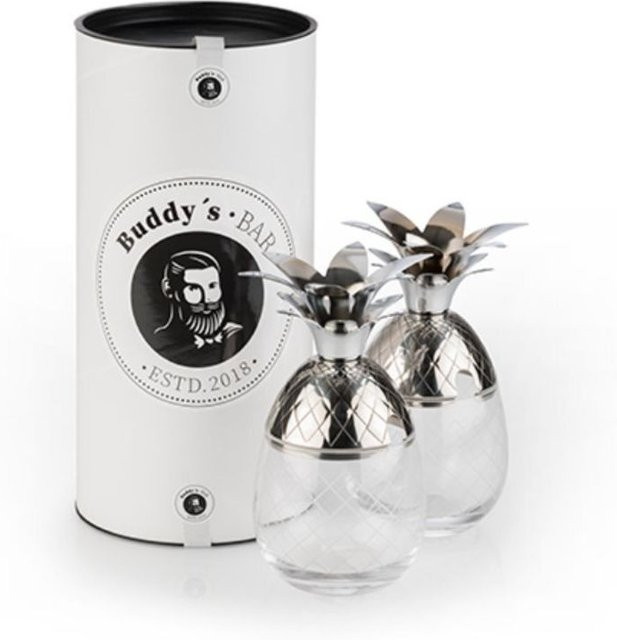 Buddy’s Bar Ananas Cocktailbecher 2er-Set aus Glas und Edelstahl, transparent/silber, Volumen: 350 ml, Durchmesser: 8,2 cm, Höhe: 17,5 cm - Bild 1