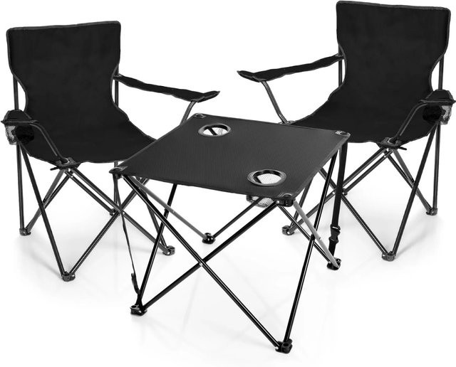 BigDean Campingset bestehend aus einem faltbaren Campingtisch und 2 Campingstühlen in Schwarz aus Stahl - Bild 1