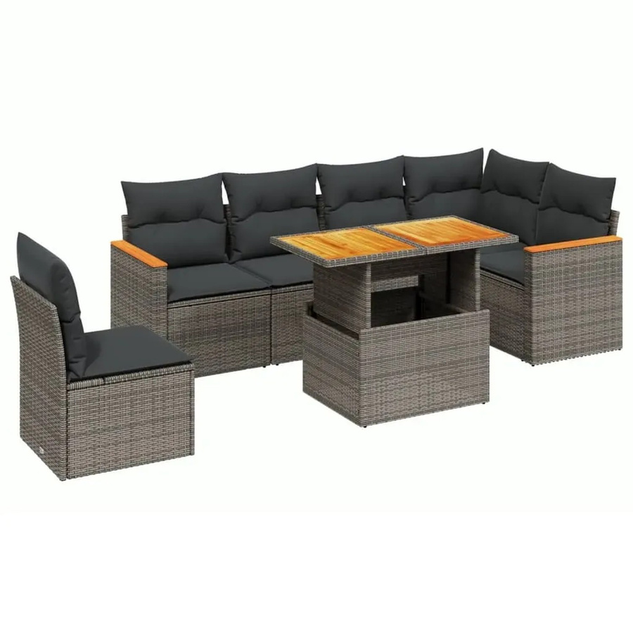 vidaXL 7-tlg. Garten-Sofagarnitur in L-Form aus grauem Poly-Rattan mit Kissen und Akazienholz - Bild 2