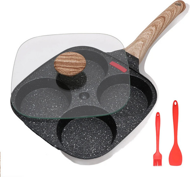 Antihaft 4-Loch-Omelettpfanne mit Glasdeckel aus Keramik in Beige für Induktion - Bild 1