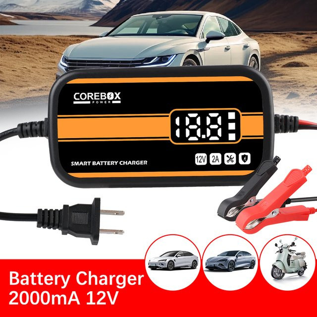 Intelligentes 12 V 2 A Batterieladegerät mit LCD-Display für Auto, Motorrad, Wohnmobil, ATV und Boot, passend für Blei-Säure, AGM und Gel Batterien, Schwarz-Orange - Bild 1