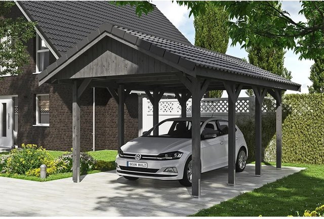 Skan Holz Carport Wallgau Satteldach aus Fichtenholz in Schiefergrau, B/T: 380 x 600 cm, Höhe: 313 cm - Bild 1