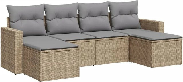 vidaXL 6-tlg Garten-Sofagarnitur in L-Form mit Polsterkissen und Ottoman, Beige/Grau, Poly-Rattan mit Metallgestell - Bild 1