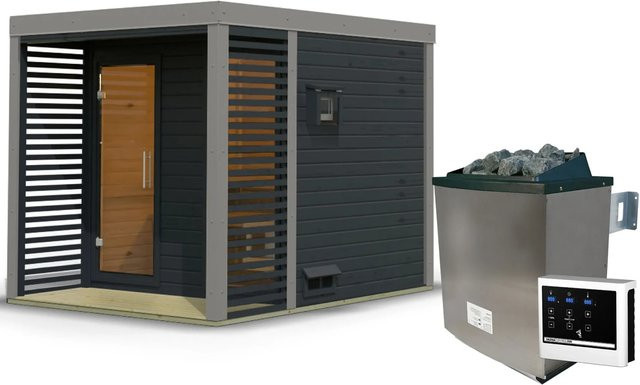 Karibu Saunahaus Seros Blockbau mit 9 kW externem Ofen in Anthrazit und Graualuminium - Bild 1