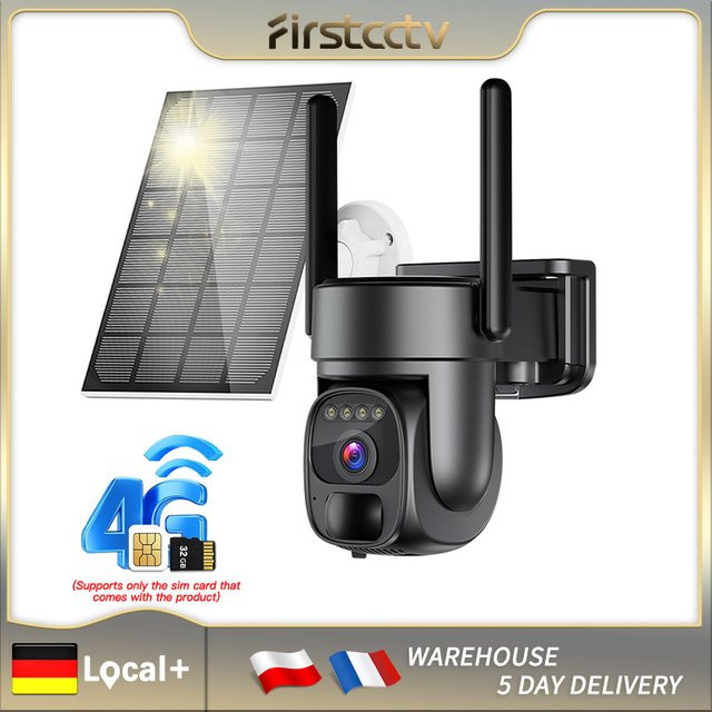 FIRSTCCTV Solarbetriebene Sicherheitskamera mit 4G und WiFi, 3MP 4KHD Außenüberwachung in Schwarz mit Akku, PIR-Bewegungserkennung und Audio - Bild 1