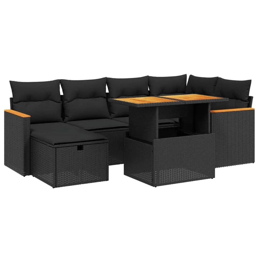 vidaXL 7-teilige Garten-Sofagarnitur aus Poly-Rattan und Akazienholz in Schwarz mit Kissen - Bild 2