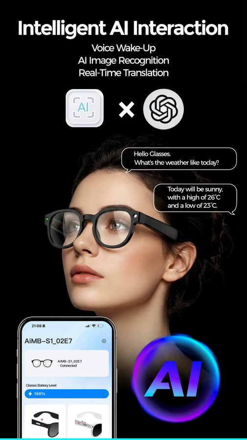BMAD KI-Smart-Brille mit 8K HD Kamera, Bluetooth, Photochromatischer Funktion und ChatGPT-Unterstützung, Schwarz, Square - Bild 4