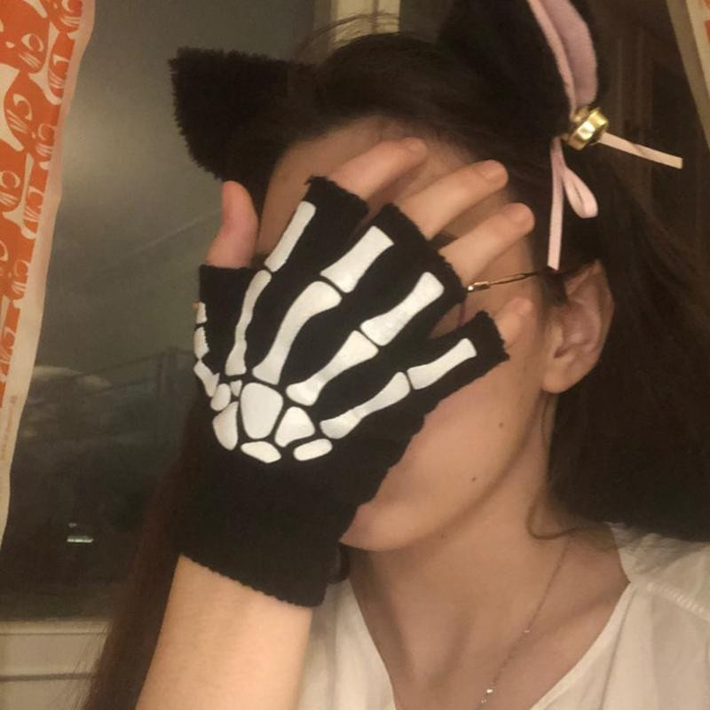 Halbfinger-Handschuhe Skelett-Schädel, leuchtet im Dunkeln, schwarz, Unisex - Bild 2