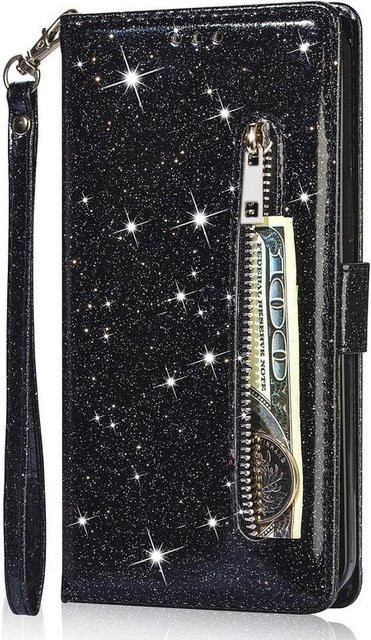Glitzer-Portemonnaie Lederhülle mit Reißverschluss für Samsung Galaxy S25 S24 S23 S21 FE S20 FE A16 A17 A36 A34 A35 A37 A52 A53 A54 A55 A56 A57 5G in Schwarz - Bild 1