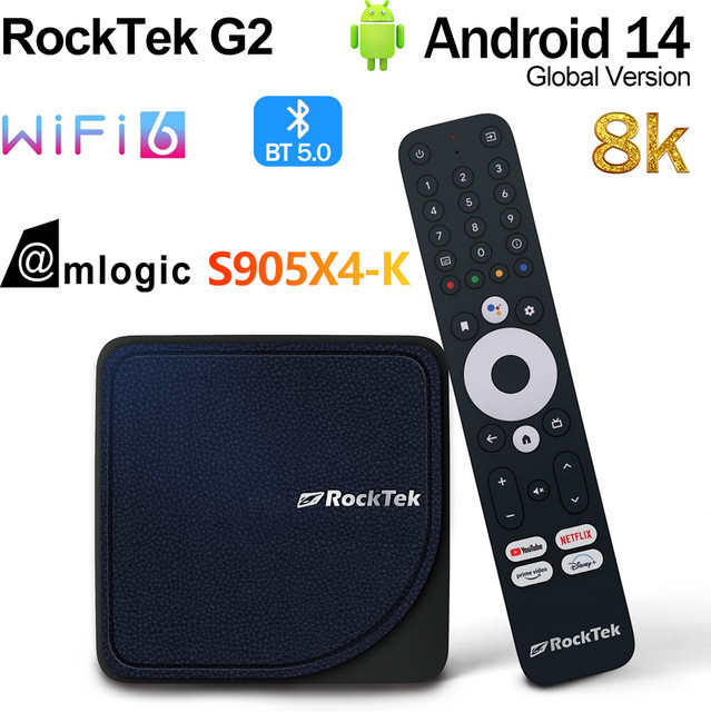 RockTek G2 Android 14 TV-Box 4K UHD Media Player mit Amlogic S905X4-K, 1000M DDR4, Netflix und Google-Zertifizierung, DTS Dolby Audio Vision, Schwarz - Bild 1
