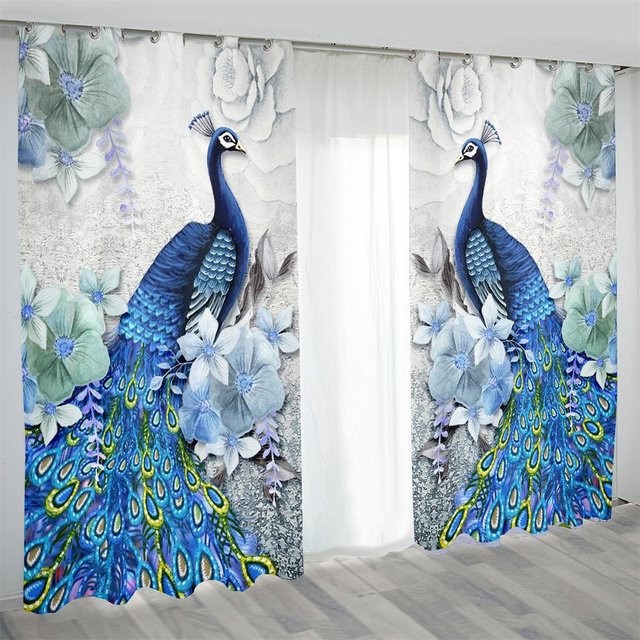 2-teiliges lichtfilterndes Vorhang-Set Retro-Luxus-Pfauenserie in Blau-Gold für Wohnzimmer und Schlafzimmer, Breite: 75 cm, Höhe: 60 cm - Bild 1
