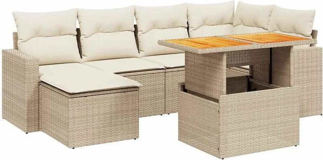 vidaXL 7-tlg. Garten-Sofagarnitur in L-Form aus Poly-Rattan und Akazienholz mit Kissen in Beige-Creme - Bild 1