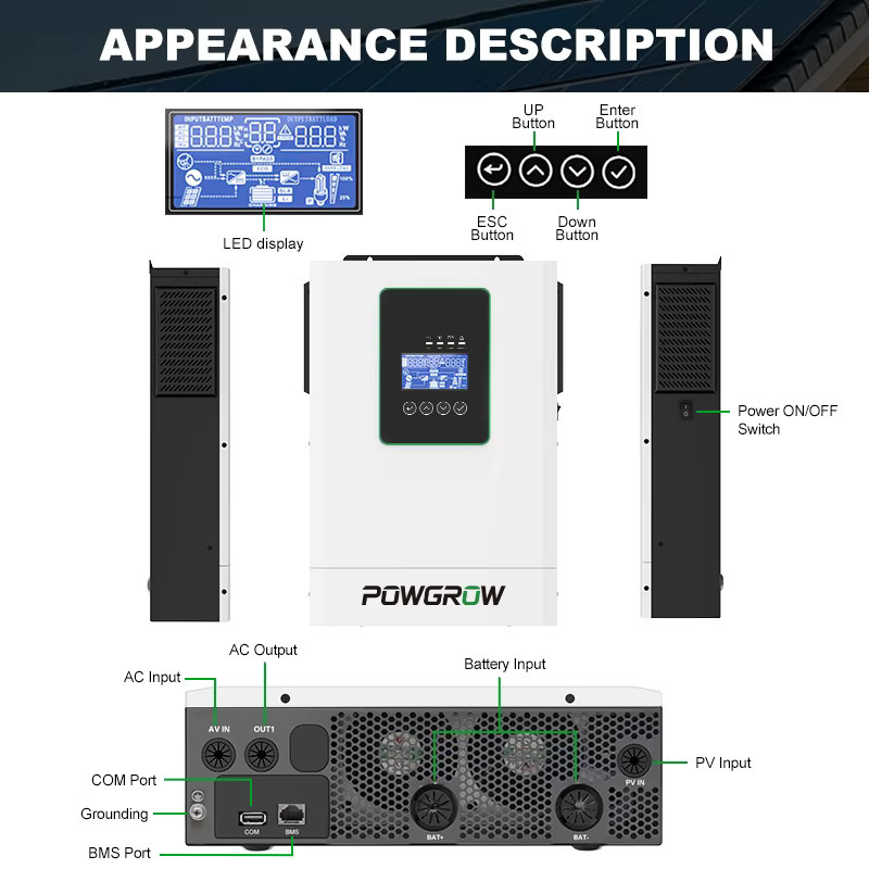 POWGROW 3,6KW 24V Hybrid-Solarwechselrichter mit 100A MPPT-Laderegler, Reine Sinuswelle und WLAN-Unterstützung, Farbe: Weiß - Bild 2