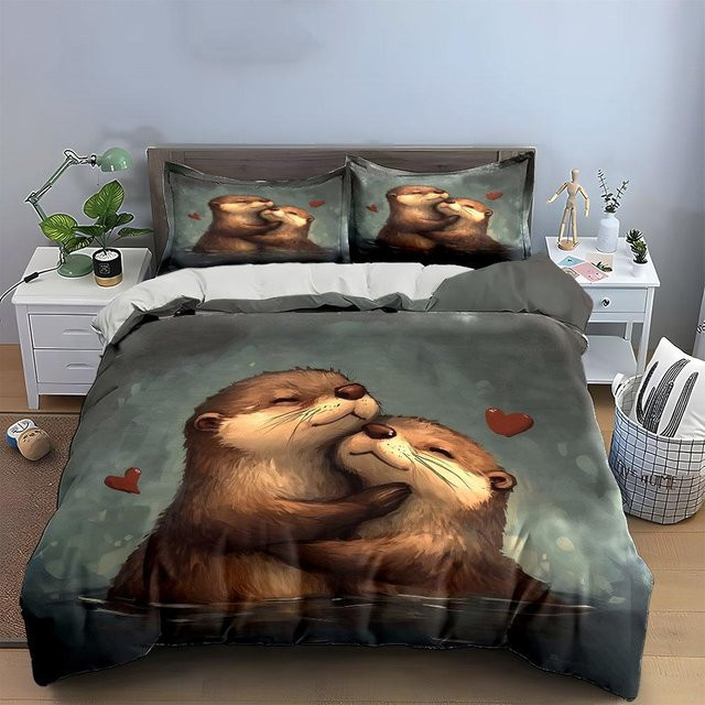 3-teiliges Bettwäscheset mit Fischotter-Motiv in Braun, bestehend aus Bettbezug und Kopfkissenbezug aus Mikrofaser, B/H: 135 x 200 cm - Bild 1