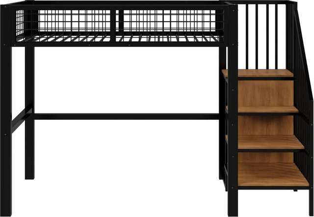 Merax Hochbett für Kinder mit Kleiderschrank und Treppe aus Metall und MDF, Schwarz - Bild 1