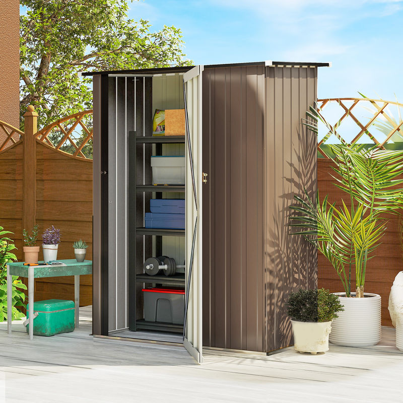 Outsunny Metall Gerätehaus Braun mit Pultdach und abschließbarer Tür, wetterfester Geräteschuppen für den Garten, B/T/H: 142 x 84 x 189 cm - Bild 2