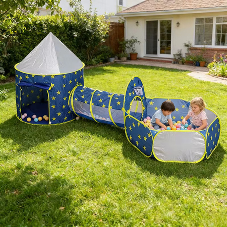 IMBABY Spielzelt Set mit Sternenmuster und Weltraum-Design in Blau inklusive Bällebad und Spieltunnel für Kleinkinder