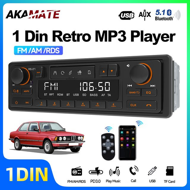 AKAMATE Din MP3 Autoradio im Retro-Stil mit Bluetooth 5.1, AUX, FM/AM/RDS, USB und Sprachsteuerung in Schwarz - Bild 1