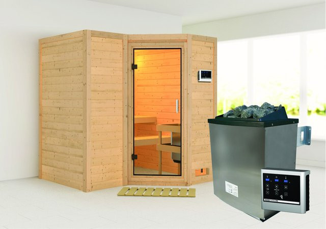 Karibu Massivholzsauna SAHIB 1 aus Fichte und Espe mit 9.0 kW Ofen, Steuergerät und Ganzglastür in Klarglas, Farbe Braun, B/T/H: 193 x 184 x 184 cm - Bild 3