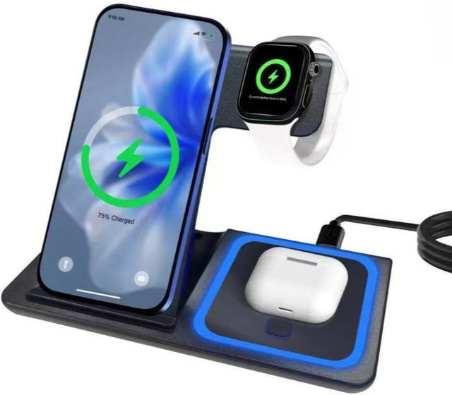 VIKEFON 3-in-1 kabellose LED Schnellladestation für iPhone, Samsung und Apple Watch in Schwarz - Bild 1