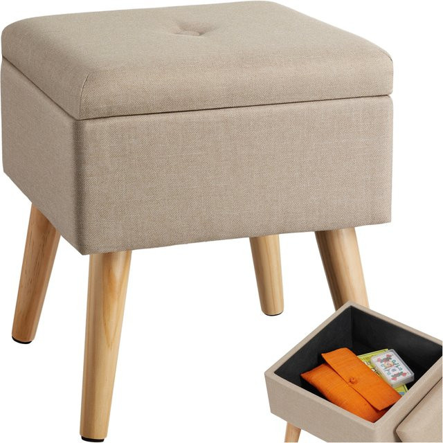 tectake Elva Sitzhocker mit Stauraum, quadratisch, gepolstert, Leinenoptik, Sand, B/T/H: 32,5 x 32,5 x 36,5 cm - Bild 1