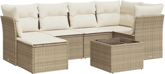 vidaXL 7-tlg Garten-Sofagarnitur in L-Form aus Polyrattan mit Kissen in Beige und Cremeweiß - Bild 1