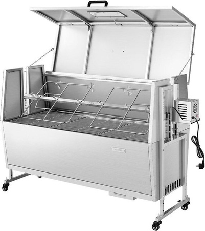 Buying Solutions MB Drehspießgrill aus Edelstahl für Holzkohle mit 38W Motor, 60 kg Kapazität und Rollen in Silber