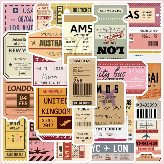 60 Vintage-Reiseticket-Aufkleber im nostalgischen amerikanischen Stil mit Weltstadt- und Flugticket-Designs in Multicolour für deine Tagebuch-Collagen - Bild 1