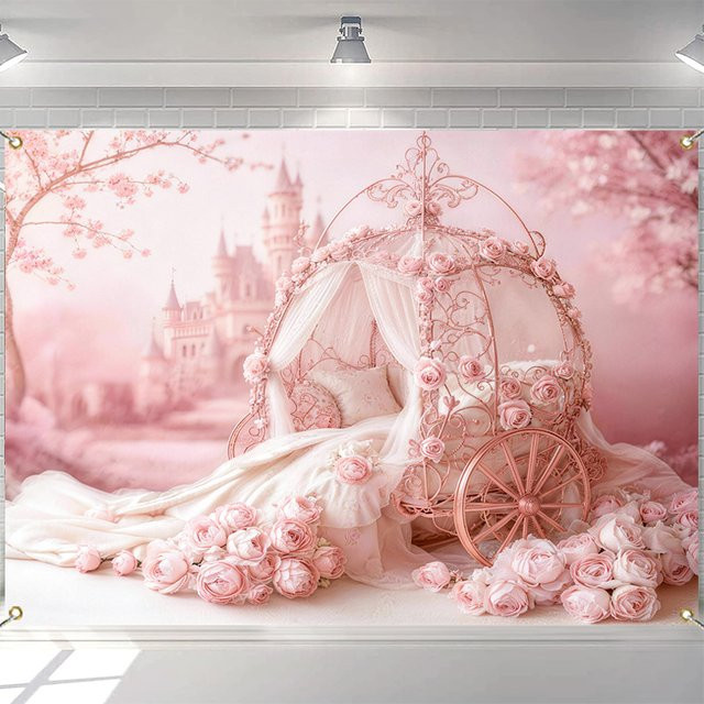LS Dream Castle Fotohintergrund für Kinder mit rosa Kutschen- und Blumenmuster zur Dekoration für Mädchengeburtstage - Bild 1