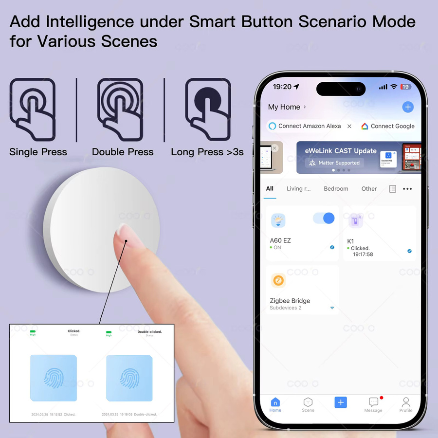 Coolo ZigBee Szenenschalter Weiß – Intelligenter kabelloser Wanddruckknopf zur Verknüpfung mit Zigbee2MQTT, Ewelink und Alexa - Bild 2