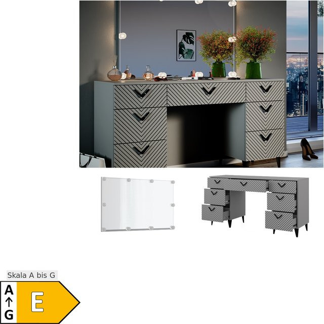 Vicco Schminktisch Anett Grau mit Spiegel, LED-Beleuchtung und 7 Schubladen, B: 150 cm, T: 78 cm, H: 45 cm - Bild 1
