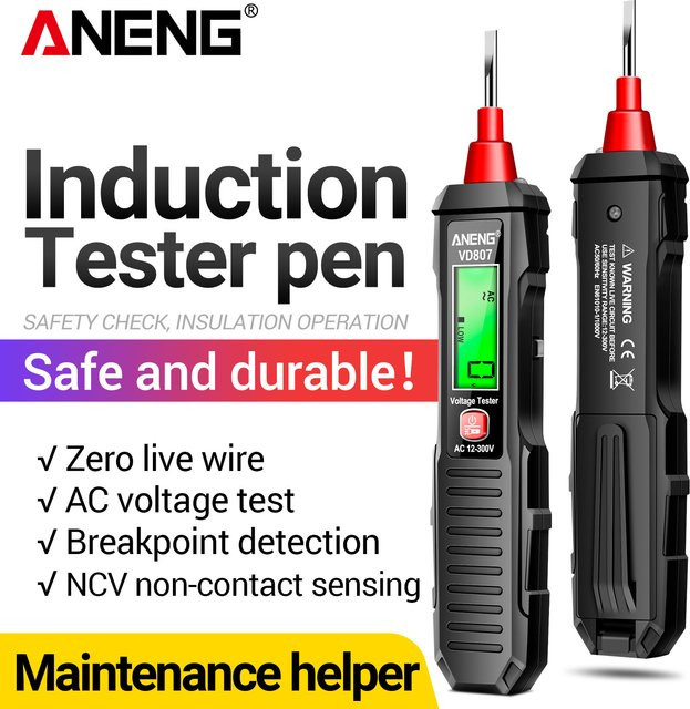 ANENG VD807 Berührungsloser Spannungsprüfer AC 12-300V 50/60Hz NCV Live-Neutralleiter-Detektor mit Ton- und Lichtalarm in Schwarz - Bild 1