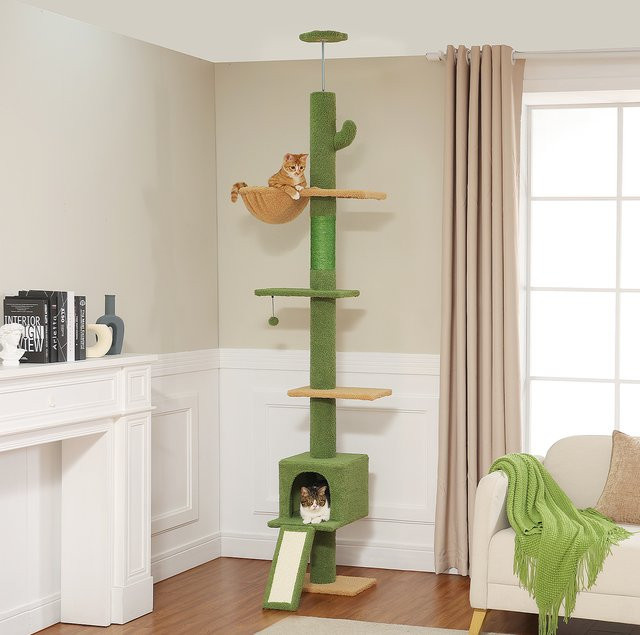 PEQULTI Kaktus-Kratzbaum in Grün mit Hängematte und Sisal-Elementen für Katzen - Bild 1