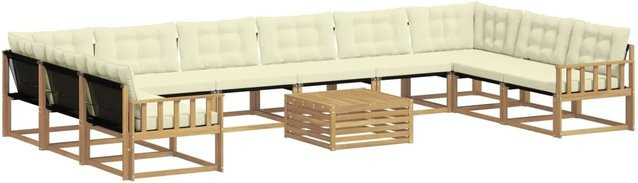 vidaXL Outdoor-Sofagarnitur aus Akazienholz in U-Form mit Textilene-Bezug und Kissen, 11-tlg., Weiß - Bild 1