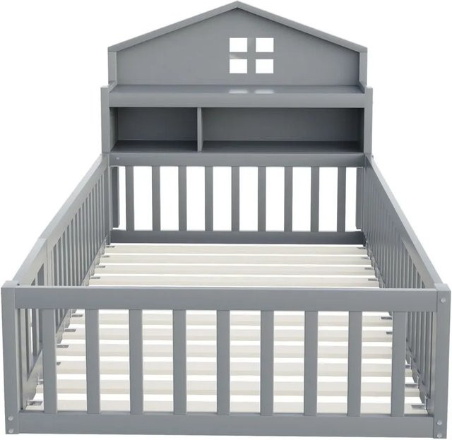 KOMHTOM Kinderbett aus Massivholz mit Stauraum, Regalen und Sicherheitsgitter, Grau, B/T/H: 90 x 200 x 111,8 cm - Bild 1
