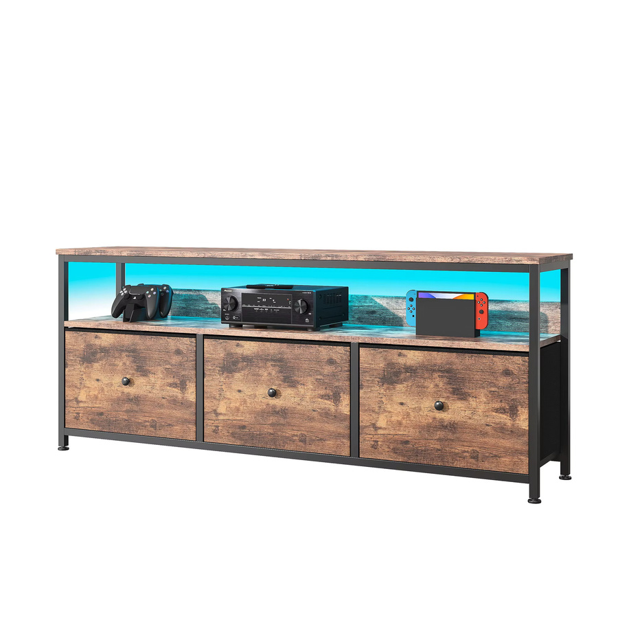 Anajqaqia LED-Retro-TV-Schrank in Braun mit 3 abnehmbaren Stoffschubladen, B/T/H: 108 x 30 x 57 cm - Bild 4