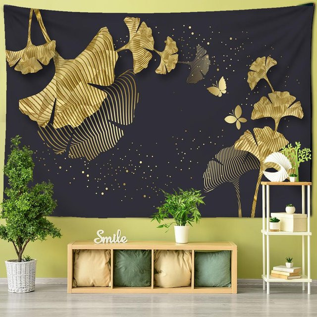 Wandteppich Super Six mit goldenem Gingkoblatt und floralem Boho-Design in Beige, Breite: 95 cm, Höhe: 70 cm - Bild 1