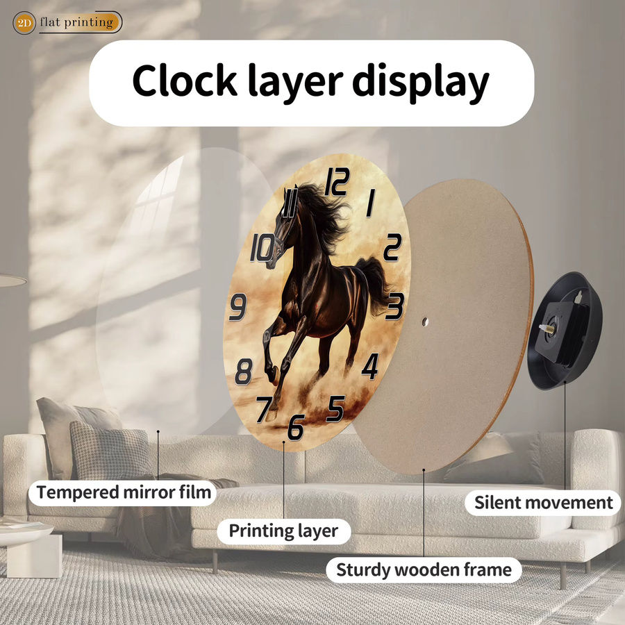 Timepi Wanduhr mit schwarzem galoppierendem Pferd, analoges geräuschloses Quarzwerk in moderner Tierkunst-Optik - Bild 4